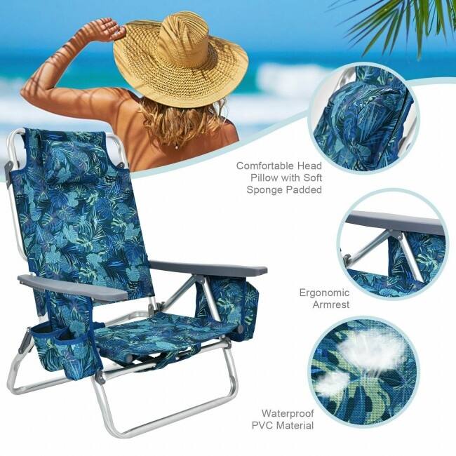 4-Pack 5-Position Outdoor Folding Backpack Beach Reclining Chair with Pillow - 23.5" – 40" x 27" x 33" – 11" (L x W x H)