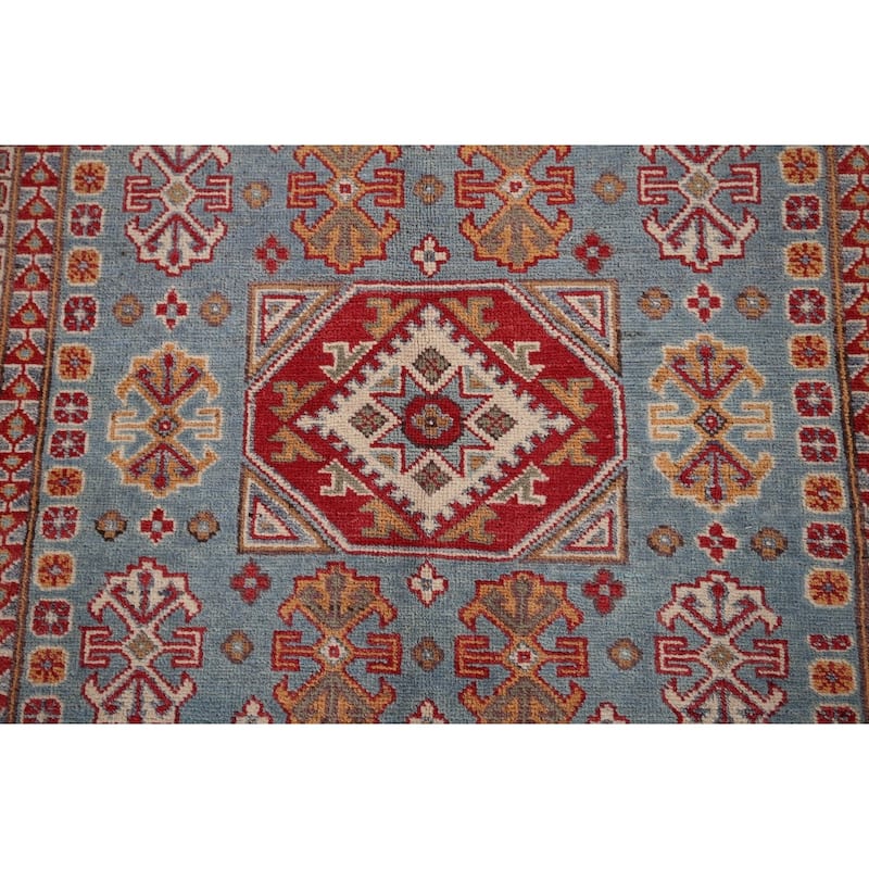 Light Blue Geometric Kazak Oriental Rug Bedroom Handmade Wool Carpet - 3'11" x 5'10"