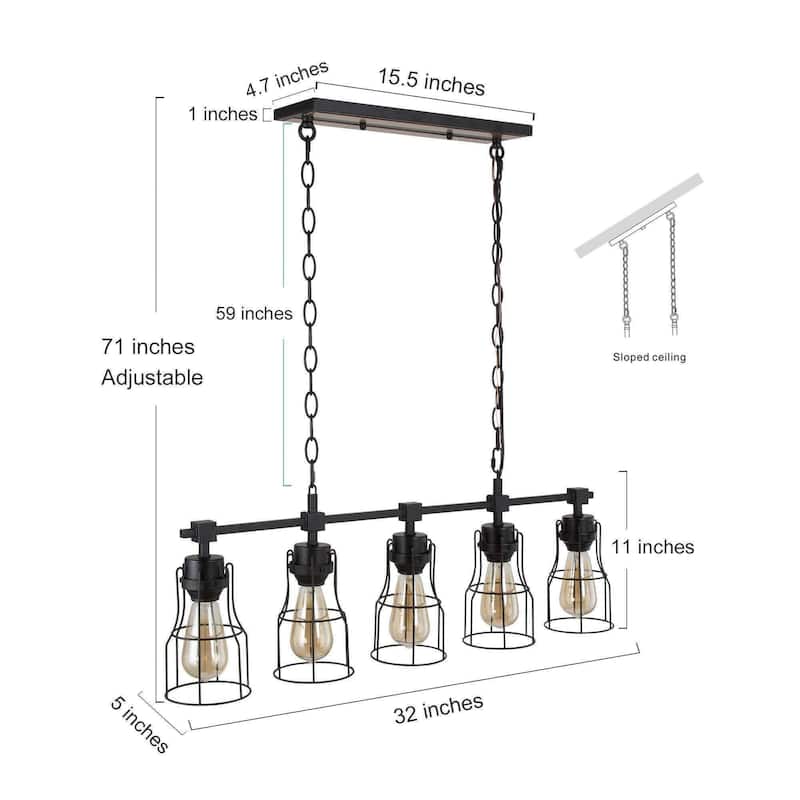 Kenid Farmhouse 5-Light 31" Matte Black and Wood Grain Linear Cage Kitchen Island Light - L32" x W5" x H11"