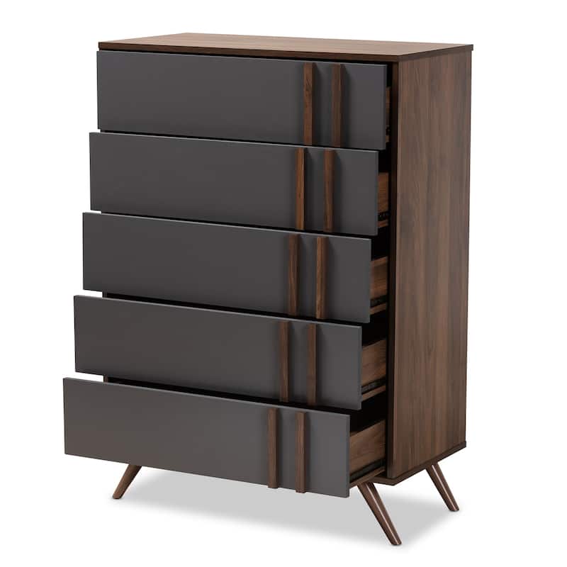5-Drawer Wood Bedroom Chest - Modern Grey Walnut Finish - Storage Dresser