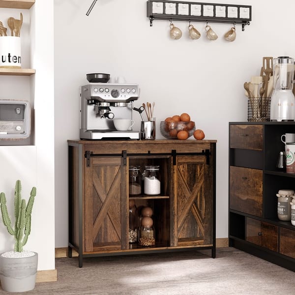slide 2 of 9, HOMCOM Industrial Sideboard, Buffet Cabinet with Sliding Barn Doors, Storage Cabinets and Adjustable Shelves for Living Room Brown