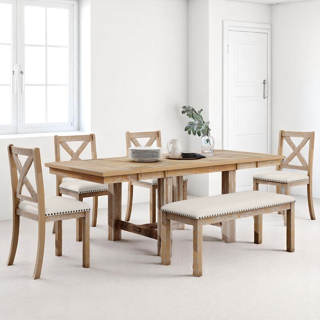 Rustic 6-Piece Dining Table Set with Removable Leaves, Padded Bench and X-Back Chairs, Seats 6