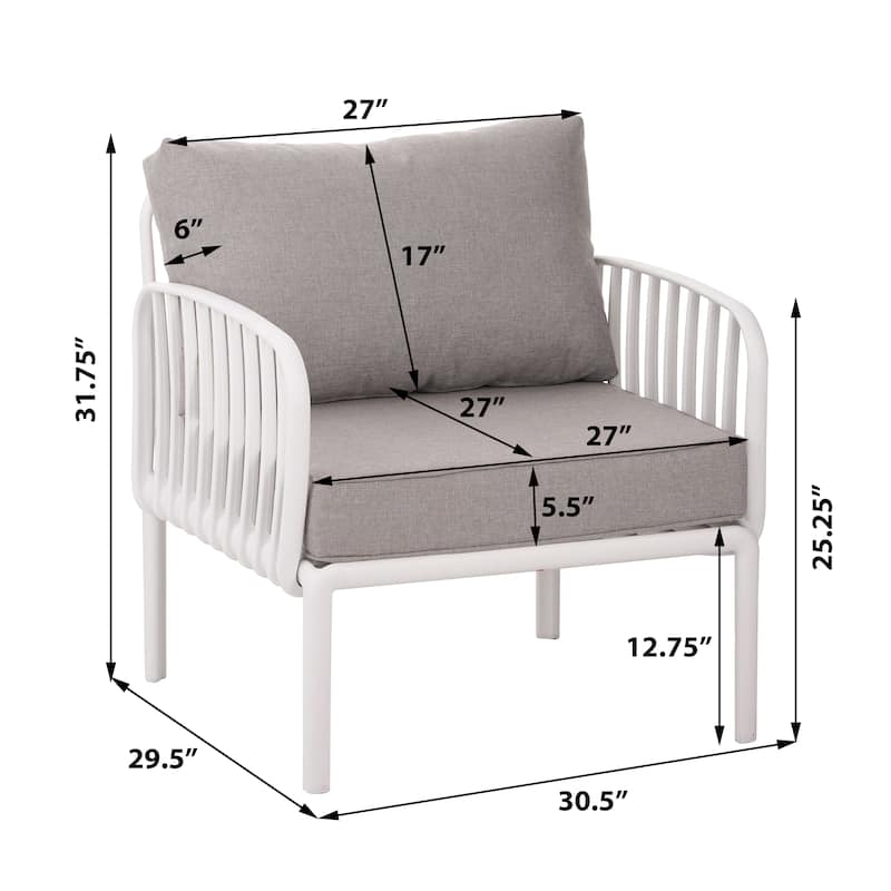 Roomfitters Outdoor Patio Club Chair with Waterproof Cushions, Deep Seating Modern Furniture for Garden or Balcony, White Gray