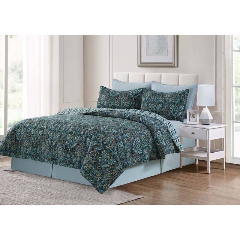 Bailey Blue Cotton Reversible Machine Washable Quilt Set