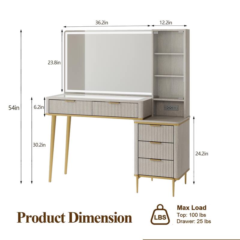 Modern Fluted Makeup Vanity Desk with Lighted Mirror, Dressing Table
