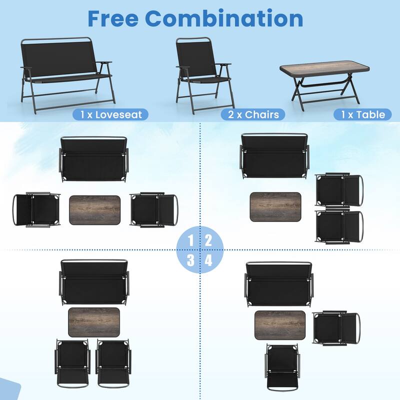 4-Piece Outdoor Foldable Furniture Set with Metal Frame Chairs and Coffee Table for Poolside and Backyard - 35" x 20" x 16"