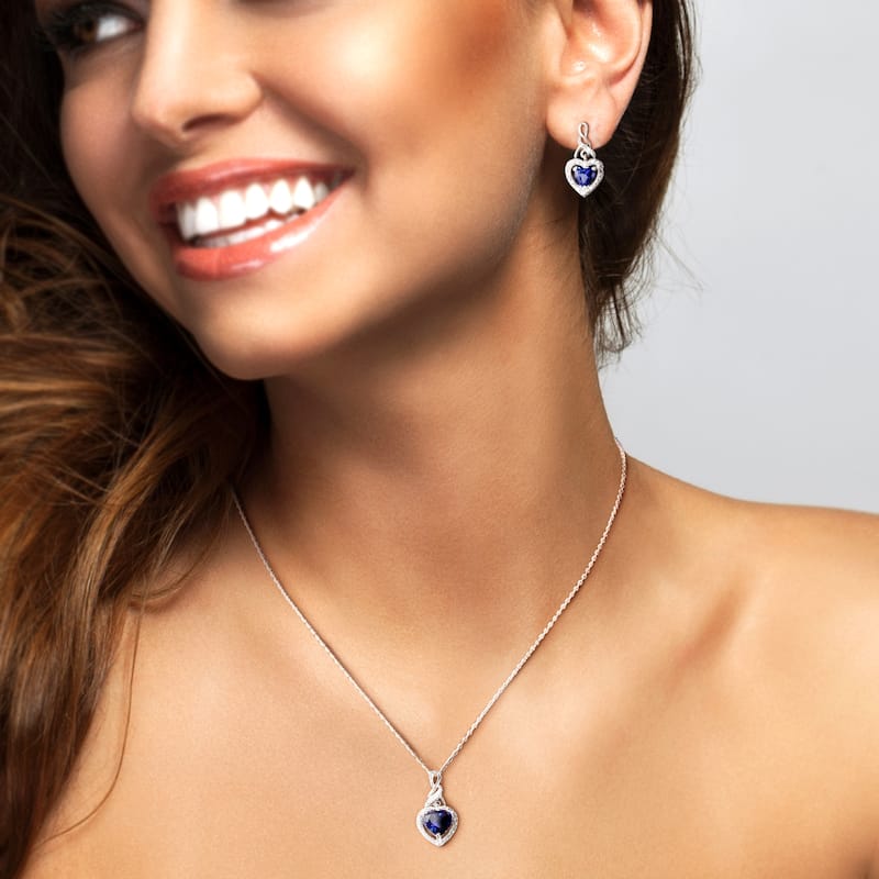 Miadora 3 3/8ct TGW Created Blue Sapphire 1/5ct TDW Diamond Heart Earrings Necklace Set Sterling Silver