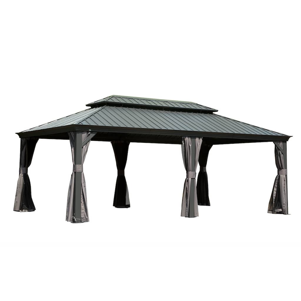 14' X 20' Hardtop Gazebo with Double Roof, Aluminum Frame, Curtains, and Netting for Outdoor Spaces