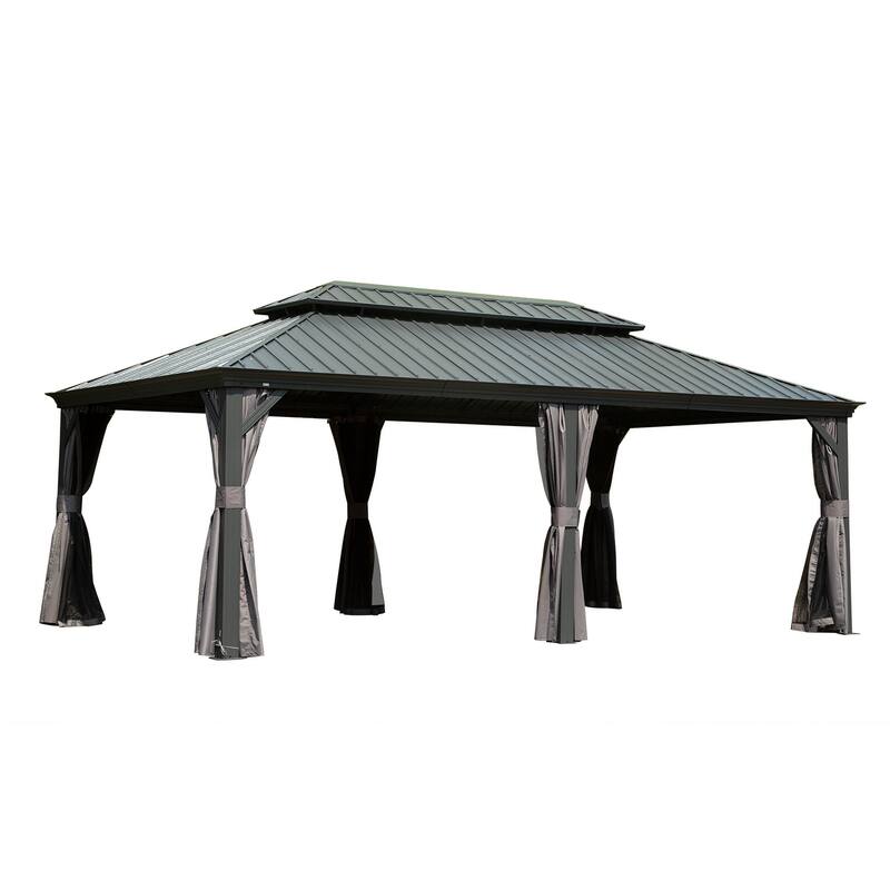 14' X 20' Hardtop Gazebo with Double Roof, Aluminum Frame, Curtains, and Netting for Outdoor Spaces - Grey