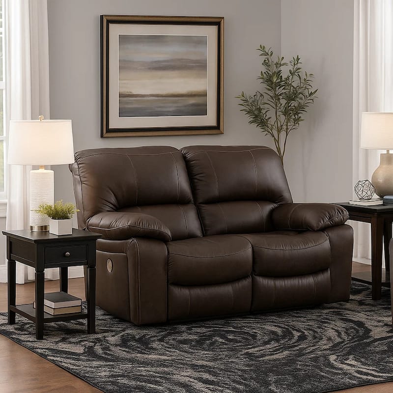 Niy 65 Inch Power Recliner Loveseat, Cushioned, Dark Brown Leather