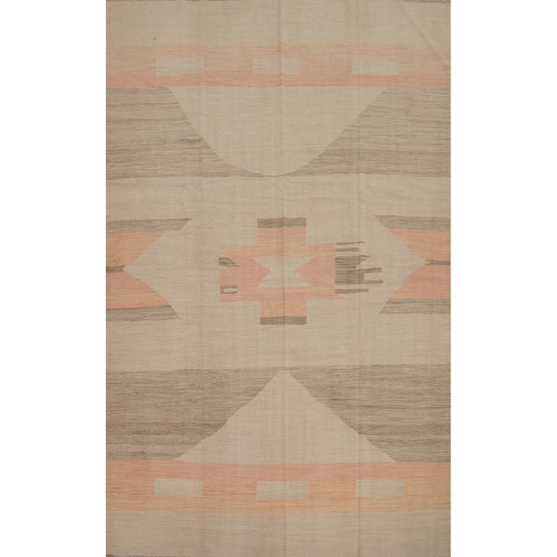 Hand Woven Southwestern Wool Beige Geometric Area Rug - 9' 10'' X 6' 7''