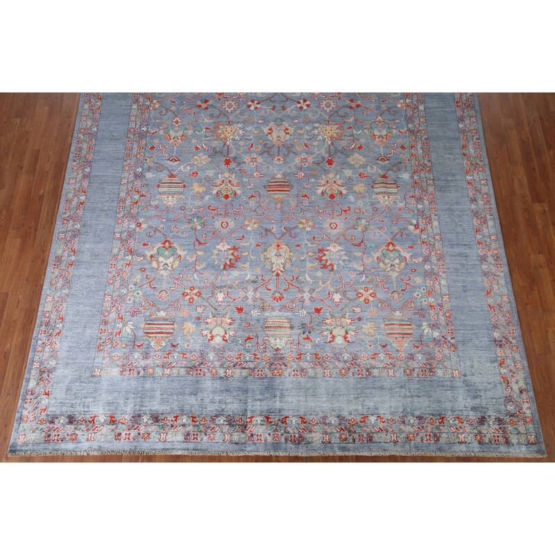 Hand Knotted Oriental 100% Wool Carpet Modern All-Over Navy Blue & Blues Art & Craft Area Rug - 12' 2'' X 8' 9''