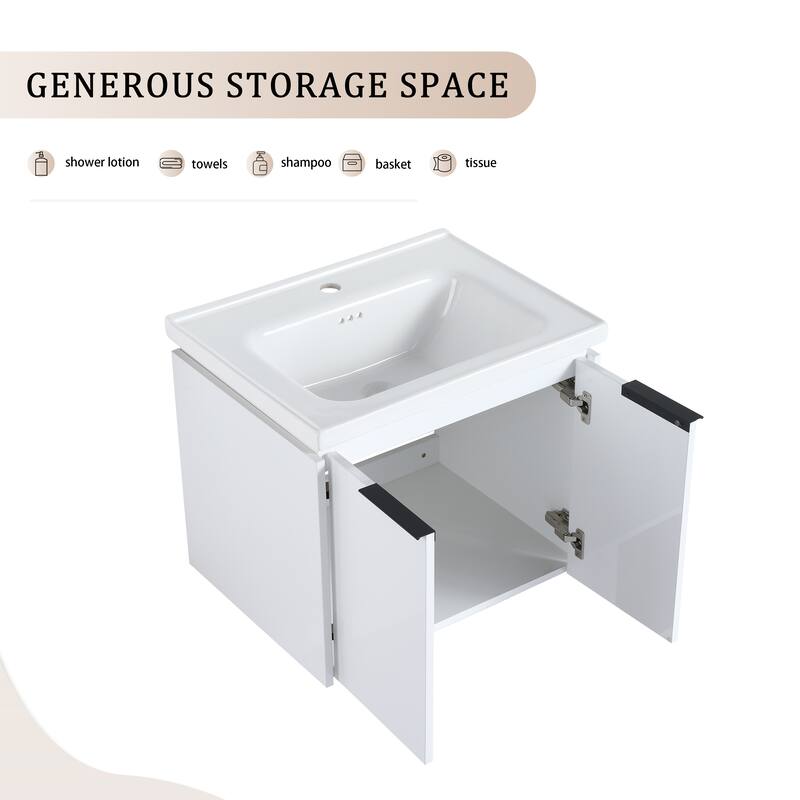 Wall-Mounted Vanity with Double Ceramic Basins, Soft-Close Doors, Metal Handles, and Ample Storage Space - 59.6in L Plywood