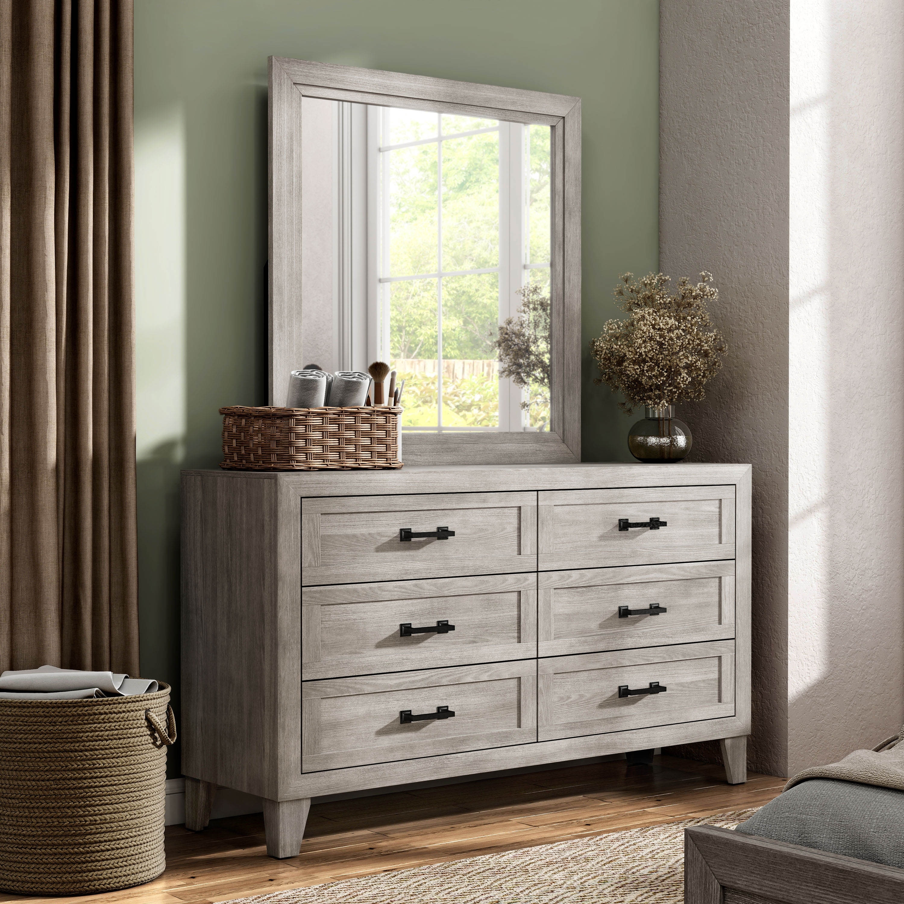 Furniture of America Holland Washed White Melamine Top 6-Drawer 2-Piece Dresser and Mirror Set