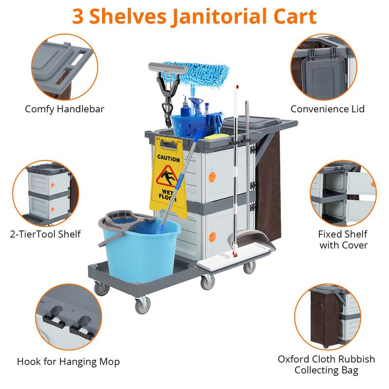 3-Shelf Janitorial Cart, 300 Lbs Capacity Housekeeping Cart, Wheeled