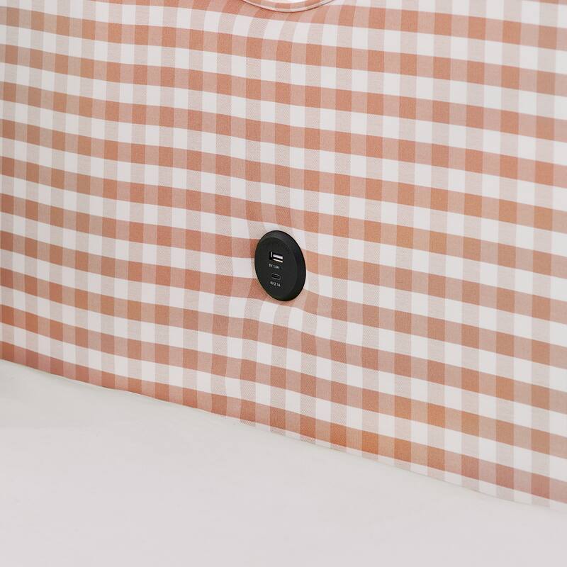 Upholstery Daybed Full Size Sofa Bed with Twin Size Trundle and Charging Ports, Linen Fabric Plaid Pattern and Wavy Silhouette