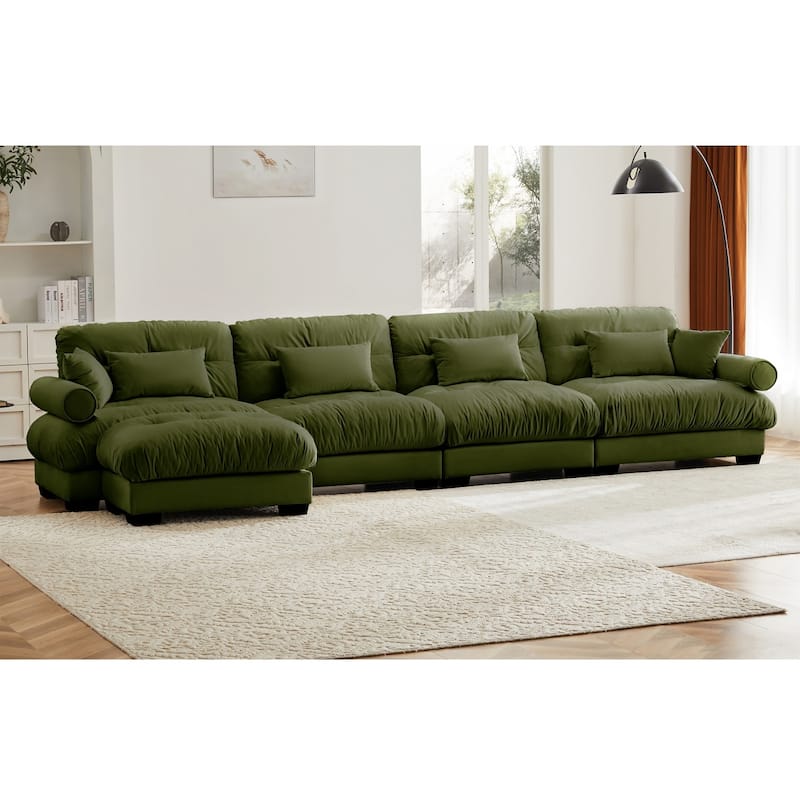 L-shaped Convertible Velvet Sectional Cloud Sofa with Ottoman & Pillows