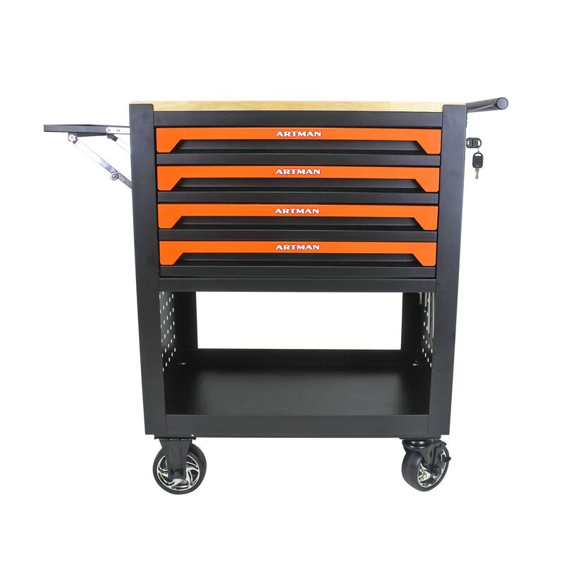 4 Drawers Multifunctional Tool Cart with Wheels and Wooden Top Multiple Uses - Home office or garage - Orange
