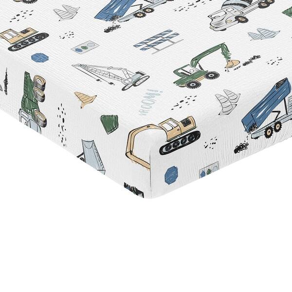 slide 2 of 6, Sweet Jojo Designs Green Blue Construction Truck Boy Muslin 100% Cotton Fitted Crib Sheet - Transportation Vehicles Bulldozer