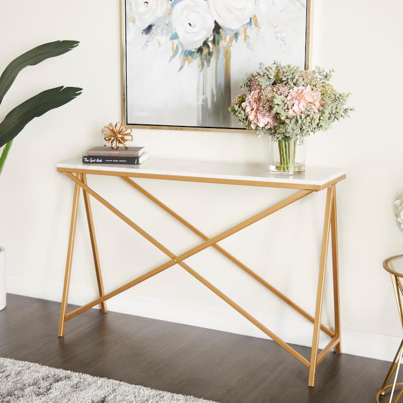 Marble Rectangular Console Table with Gold Metal Stand - White - Roche River Decor - 14"W x 47"L x 31"H