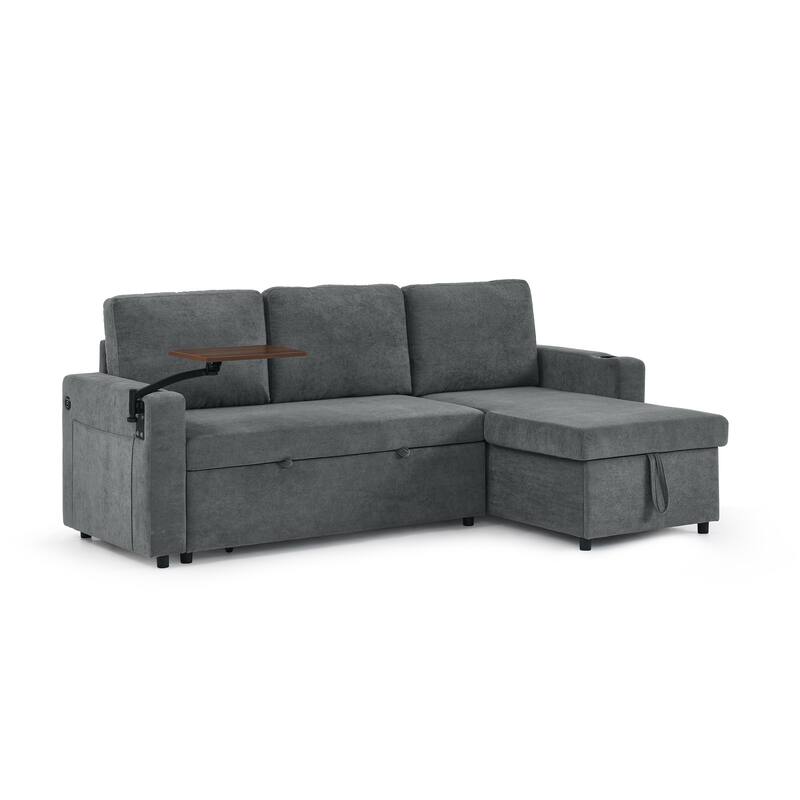 Roomfitters Modern Chenille Pull-Out Bed Sofa with Retractable Table, LED Lighting, USB Ports and Cup Holders
