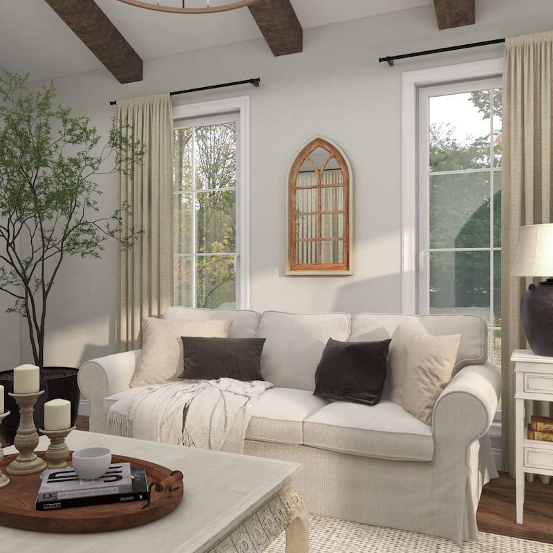 Wood Window Pane Inspired Room Wall Mirror with Arched Top and Distressing - Brown - Roche River Decor