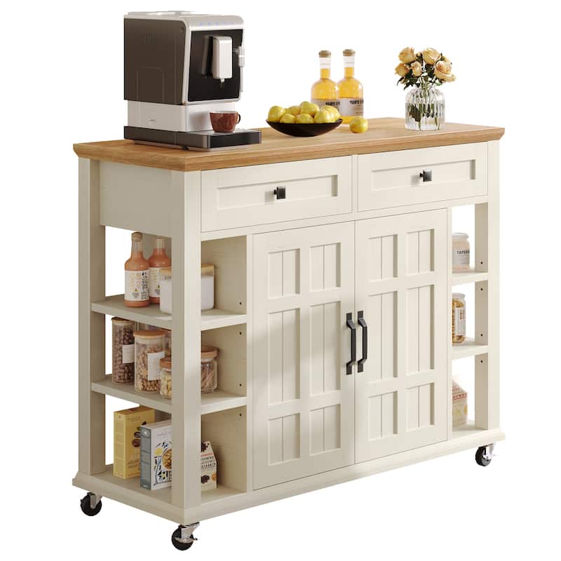 Rolling Kitchen Island Kitchen Cart Storage Cabinet with Open Shelves - Brown Top/White