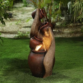 30-Inch H Brown Resin Four Tuscan Pots Outdoor Fountain with LED Light