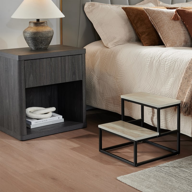 Axel Walnut Wood and Metal 2-Step Modern Industrial Step Stool - White