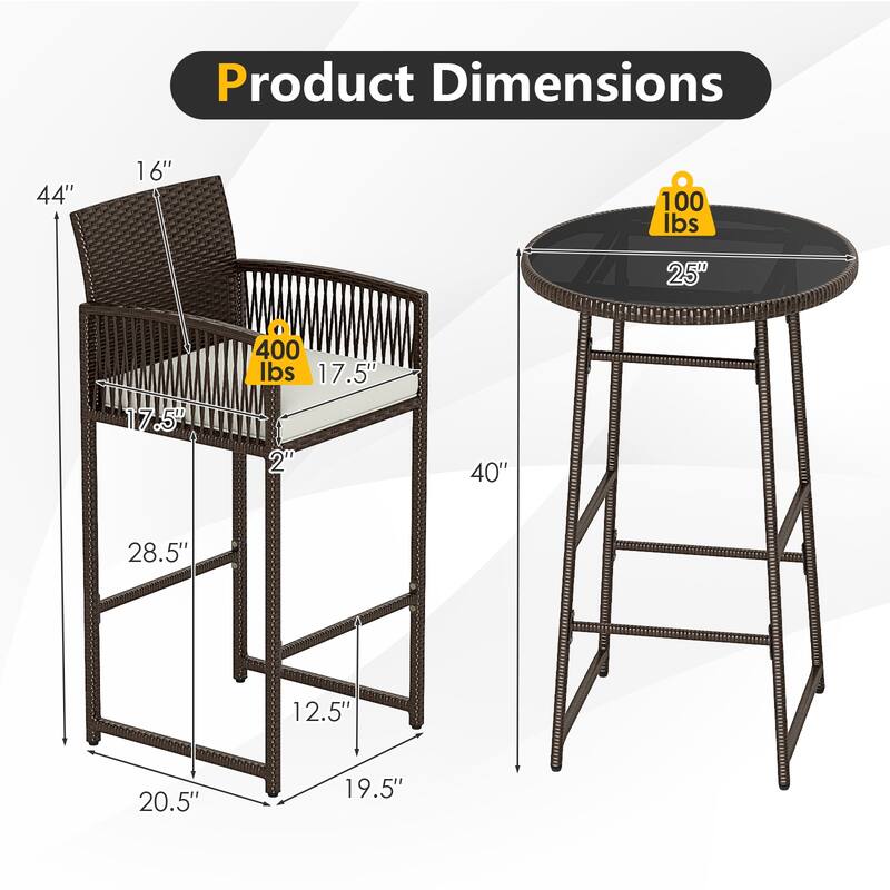3-Piece Mix Brown Rattan Outdoor Patio Bar Set with Off White Cushions and 2 Chairs Included Table - 20.5" x 19.5" x 44"