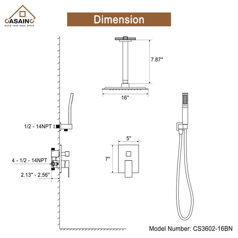 CASAINC 2-Function 16-In Wall Mounted Shower System