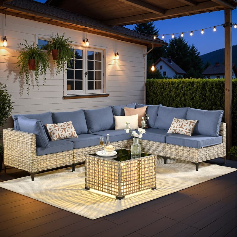 XIZZI 7-piece Outdoor Patio Furniture Rattan Wicker Modular Sofa Set with Table - Denim Blue