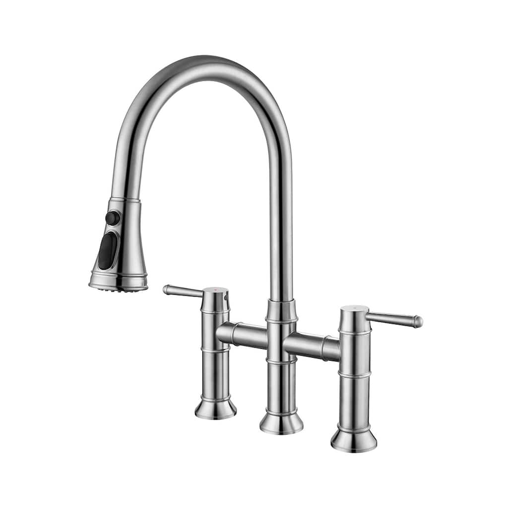 Topcraft Stainless Steel Two Handle Bridge Pull Down Kitchen Faucet