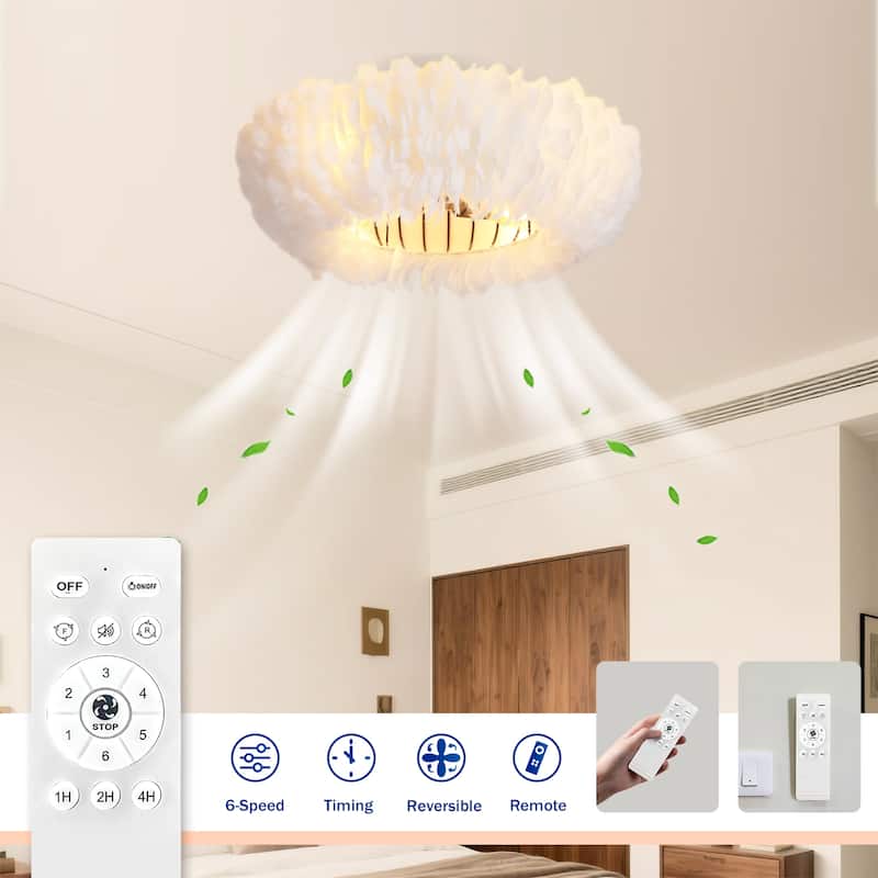 Cusp Barn 20'' Flush Mount Caged Ceiling Fans with Light and Remote, Feather 6 Speed DC Motor Reversible Ceiling Fan for Bedroom
