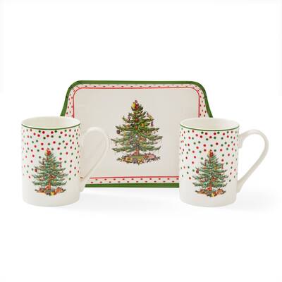 Pimpernel Christmas Tree Polka Dot Set of 2 Mugs and Tray