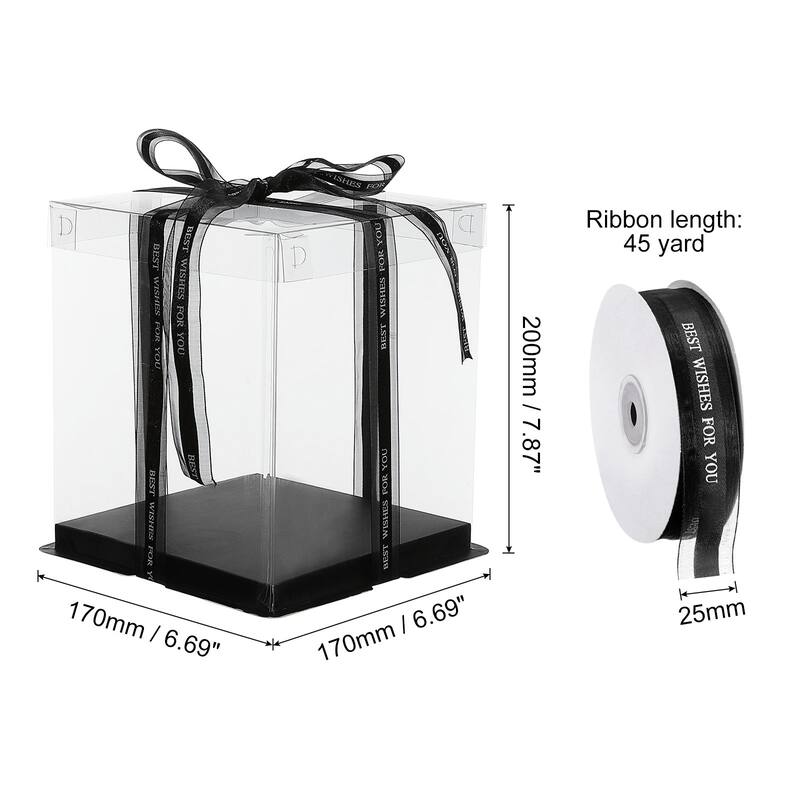 Clear Cake Box with Ribbon, 6Pcs 7"x7"x5" for 4 Inch Cake Packing - Black - 7"x7"x8"