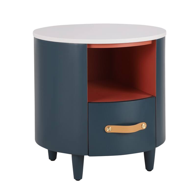 Round Nightstand with Drawer & Open Shelf, Nightstand with Leather Handle & Tapered Legs, Large Capacity Sofa Side Table