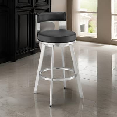 Ami 30 Inch Swivel Barstool Chair, Black Faux Leather, Stainless Steel