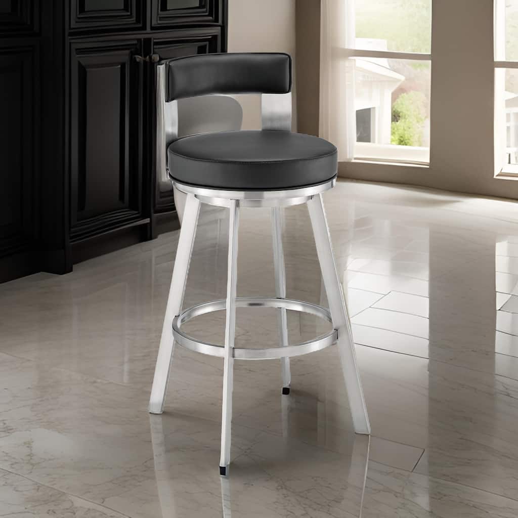 Ami 30 Inch Swivel Barstool Chair, Black Faux Leather, Stainless Steel