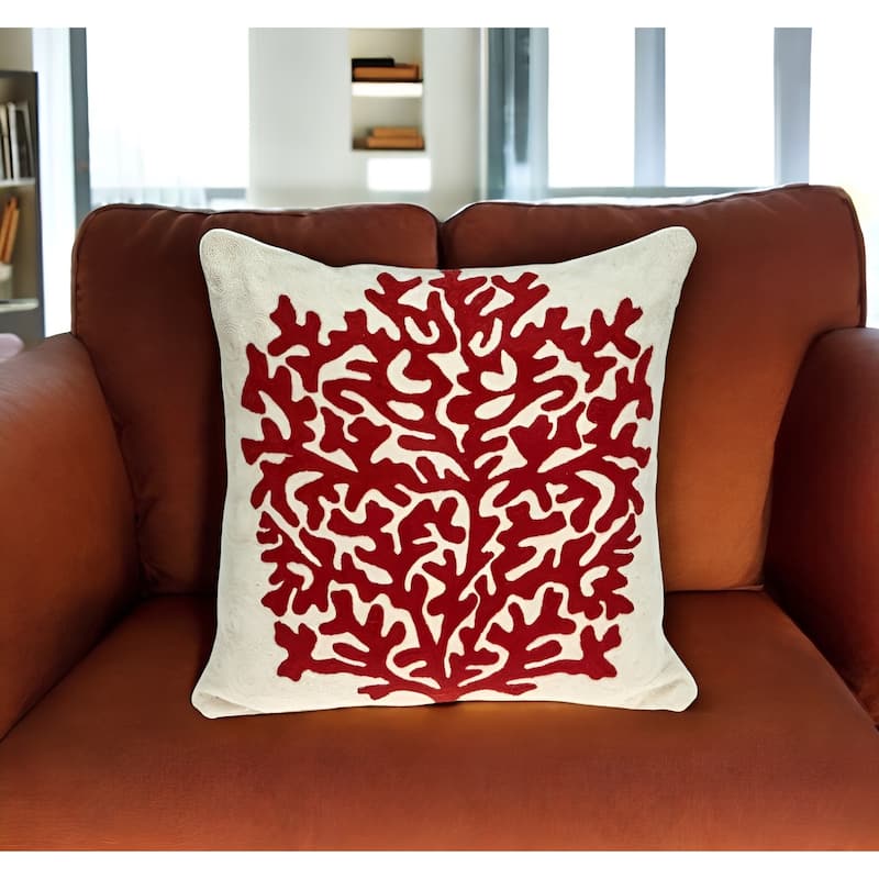 HomeRoots 20" Beige and Red Coastal Wool Throw Pillow With Embroidery - Accent - Polyester