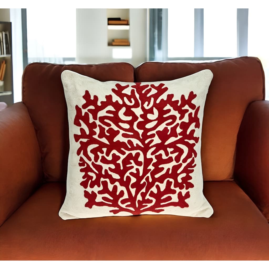 HomeRoots 20" Beige and Red Coastal Wool Throw Pillow With Embroidery