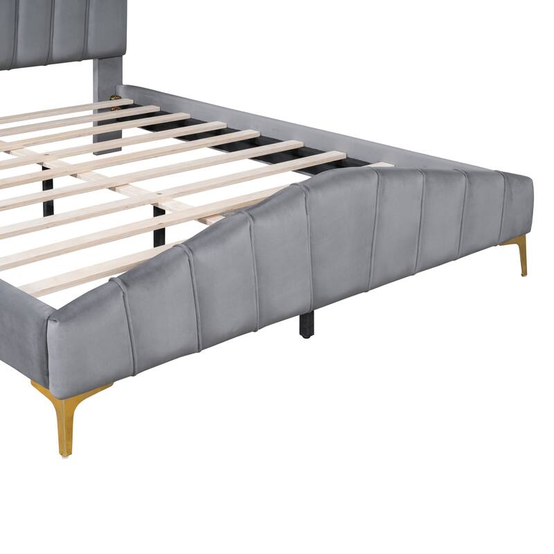 Queen Size Velvet Platform Bed with Metal Bed Leg