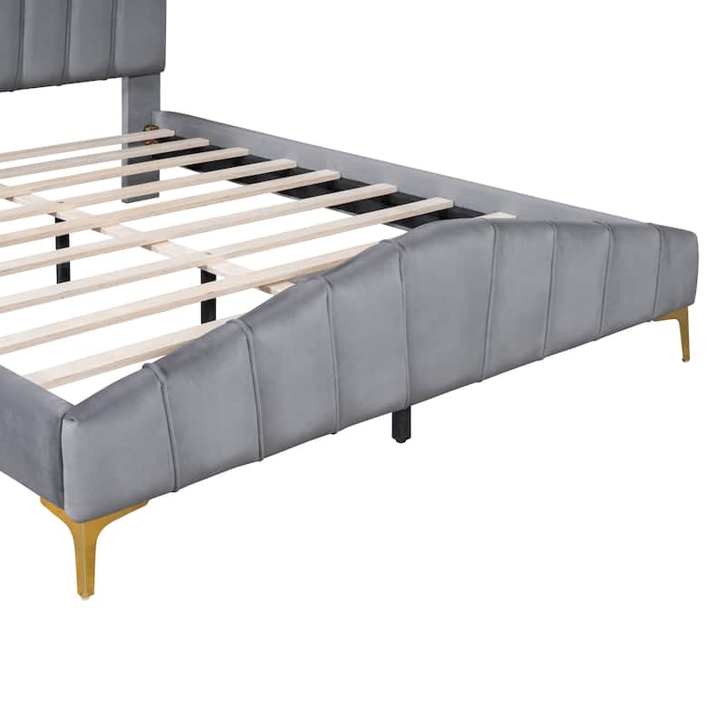 Queen Size Velvet Platform Bed with Thick Fabric