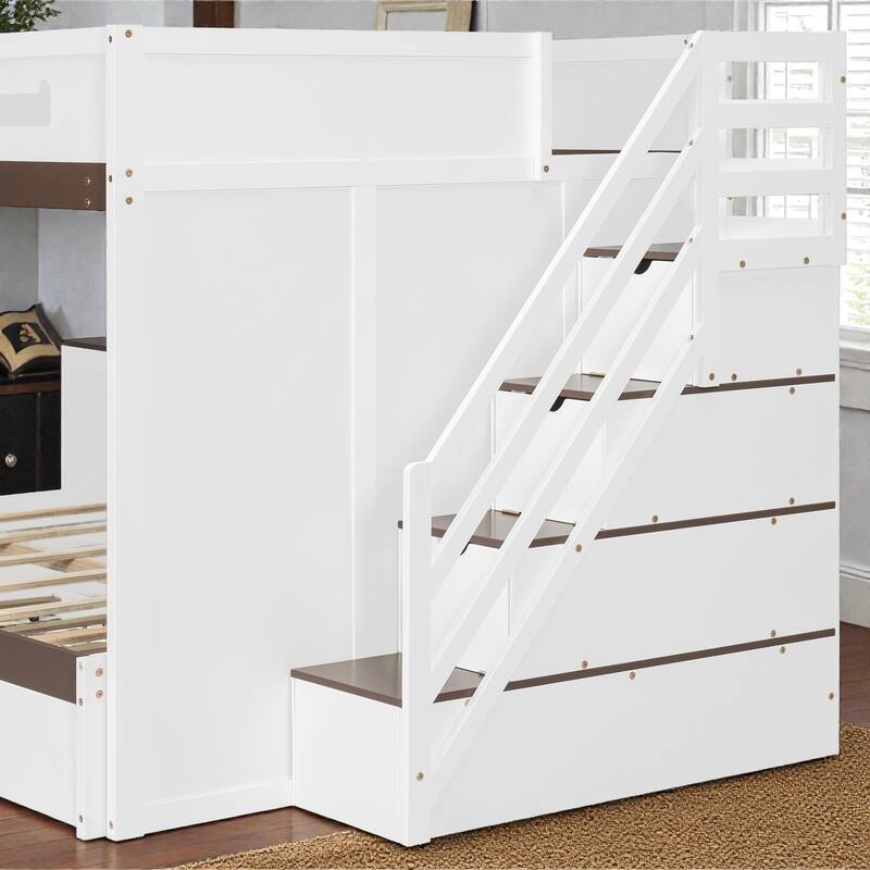 Full Over Full Bunk Bed with Twin Trundle, Staircase Storage Drawers, Shelves and LED Lighting, Kids Bunk Bed