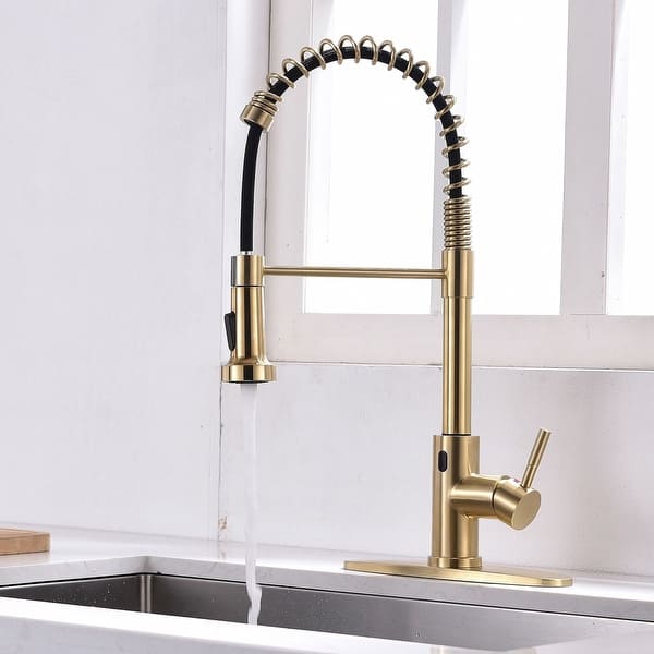 slide 2 of 15, Brushed 1-Handle Touchless Deck-Mount Pulldown Kitchen Faucet Brushed Gold
