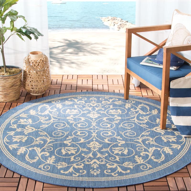 SAFAVIEH Courtyard Clarine Indoor/ Outdoor Waterproof Patio Backyard Rug - 5'3" Round - Blue/Natural
