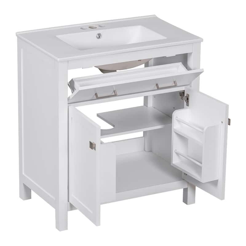 30" Bathroom Vanity with Ceramic Sink, Modern White Single Bathroom Cabinet with 2 Doors and a Shelf, Soft Close Doors