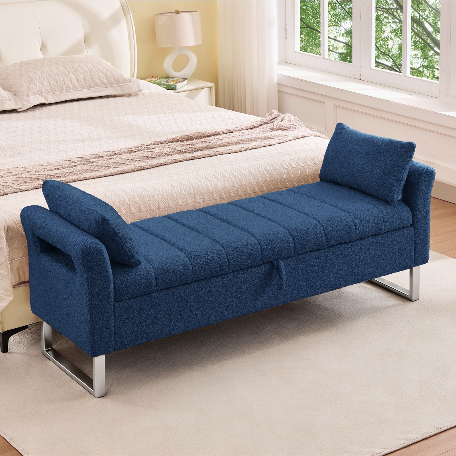 66"W Teddy Storage Bench for Bedroom End of Bed with Arm and Two Pillows