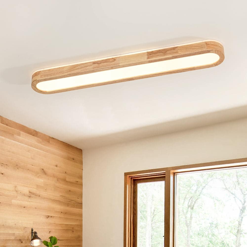 Rustic Wooden Long Oval Dimmable LED Flush Mount Ceiling Light 37.4in