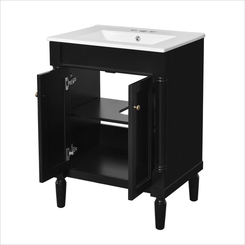 24 Inch Bathroom Vanity with Ceramic Top Sink, Freestanding Single Sink Vanity with Storage Shelves, Modern Style